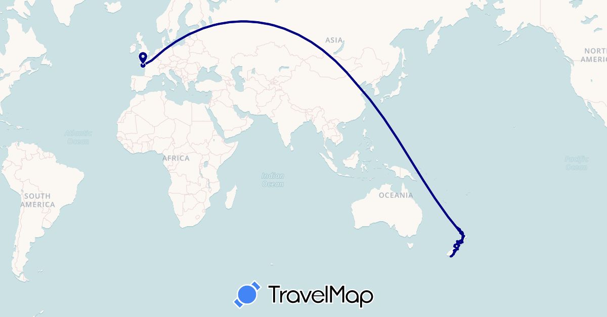 TravelMap itinerary: driving in China, France, New Zealand (Asia, Europe, Oceania)